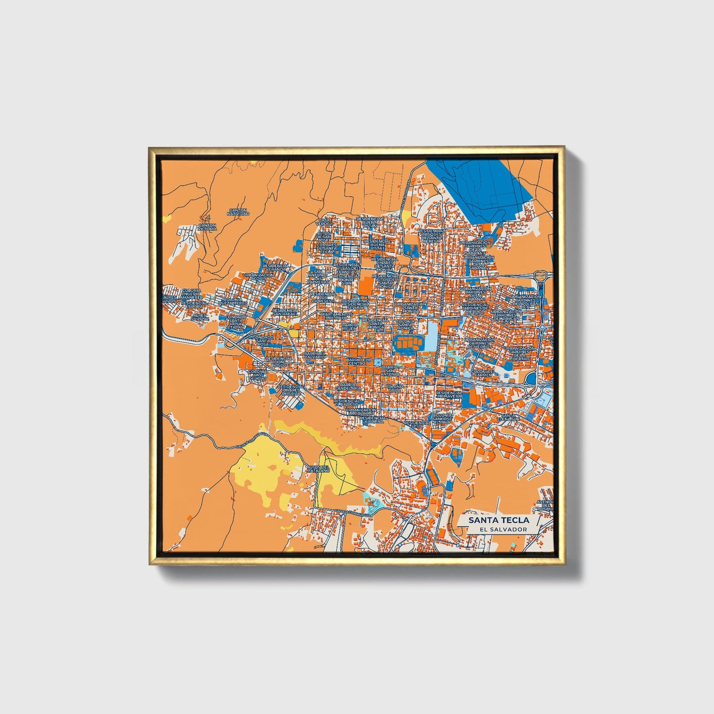 Santa Tecla El Salvador Colorful City Map Canvas Print • Gold Framed