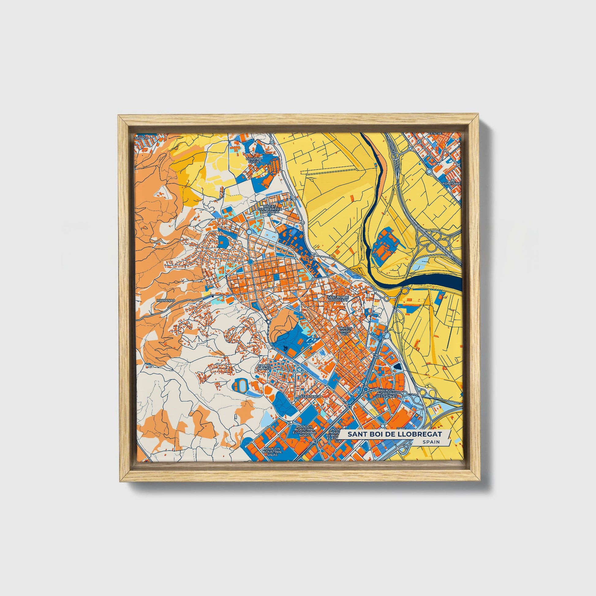 Sant Boi De Llobregat Spain Colorful City Map Canvas Print • Natural Wooden Framed