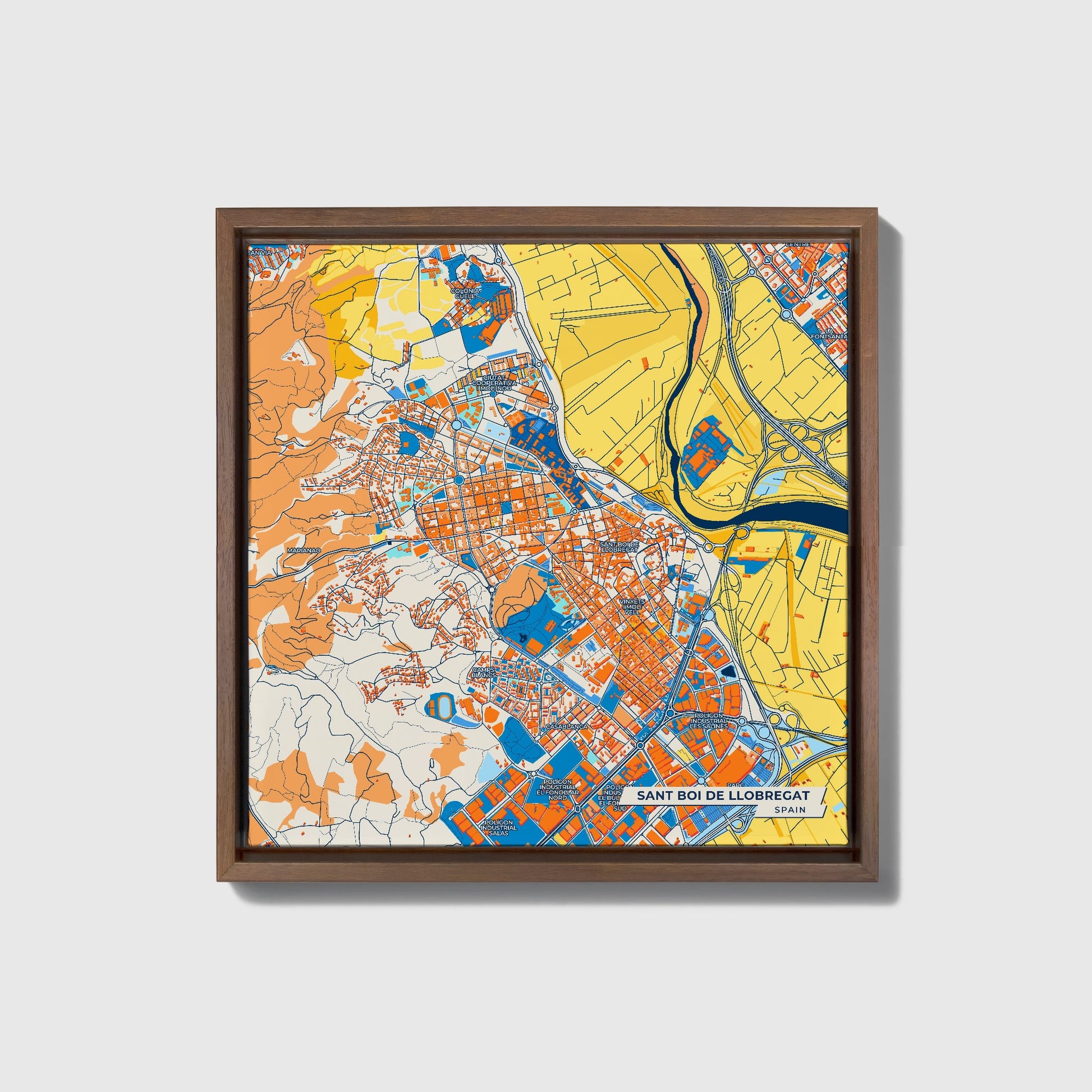 Sant Boi De Llobregat Spain Colorful City Map Canvas Print • Dark Wooden Framed