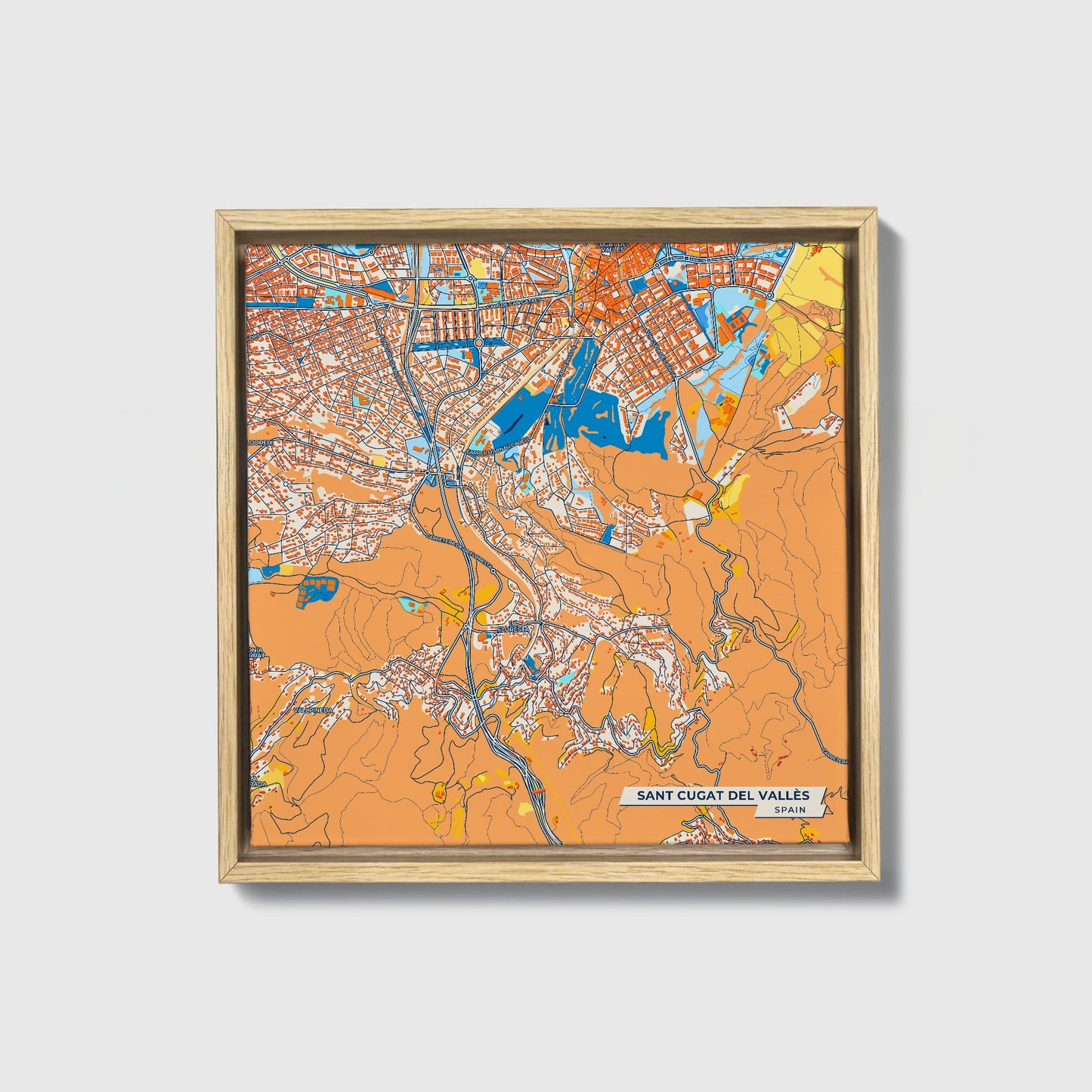 Sant Cugat Del Vallès Spain Colorful City Map Canvas Print • Natural Wooden Framed
