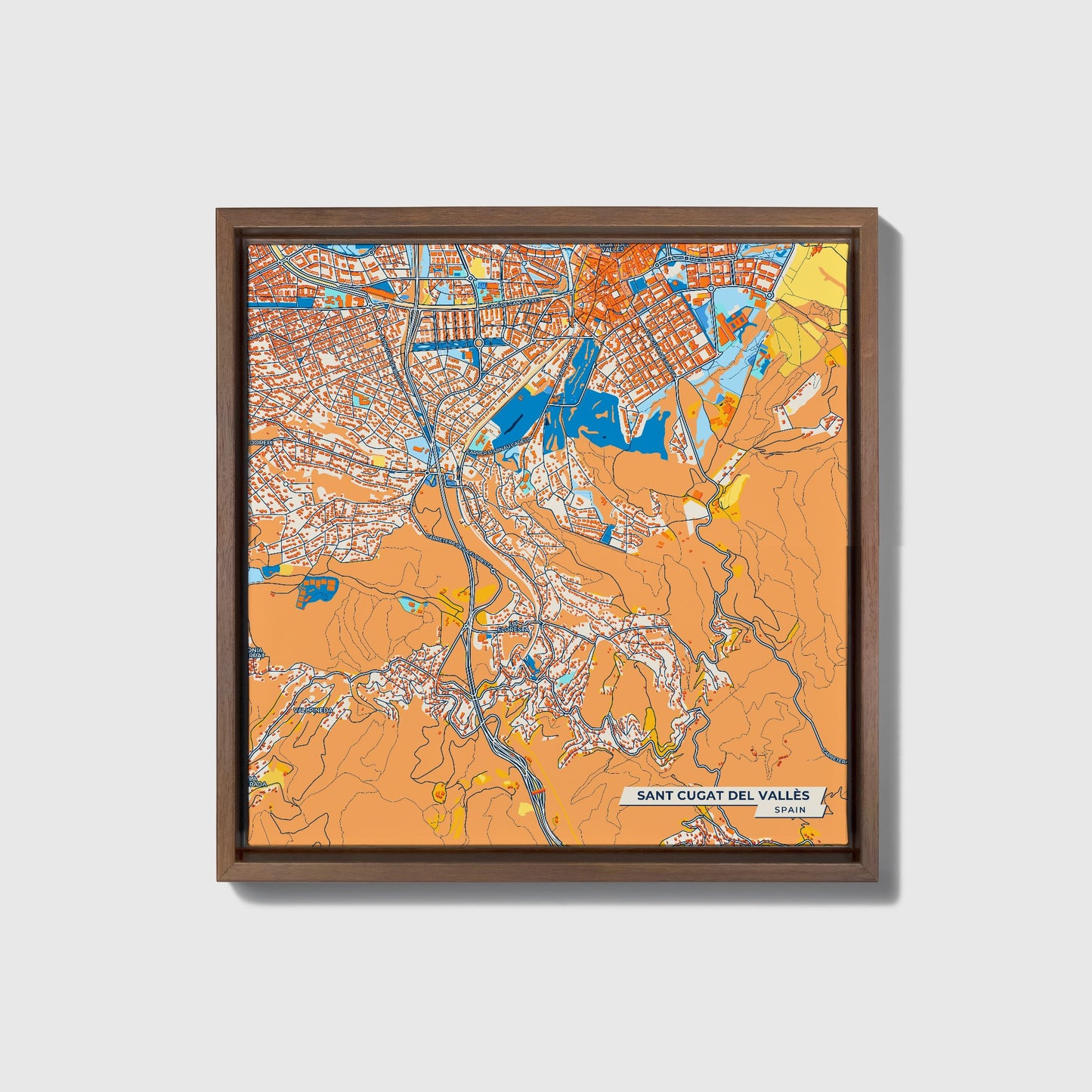 Sant Cugat Del Vallès Spain Colorful City Map Canvas Print • Dark Wooden Framed