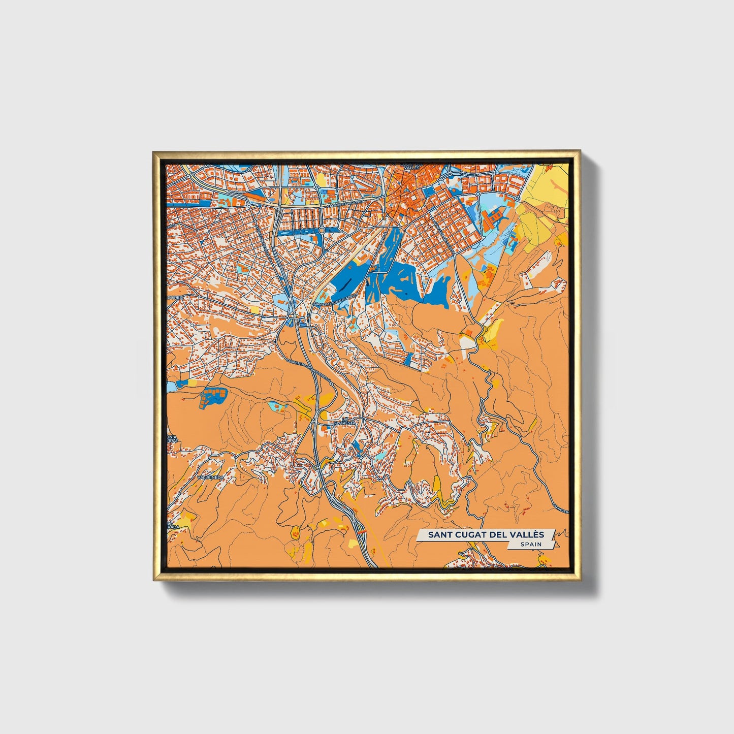 Sant Cugat Del Vallès Spain Colorful City Map Canvas Print • Gold Framed