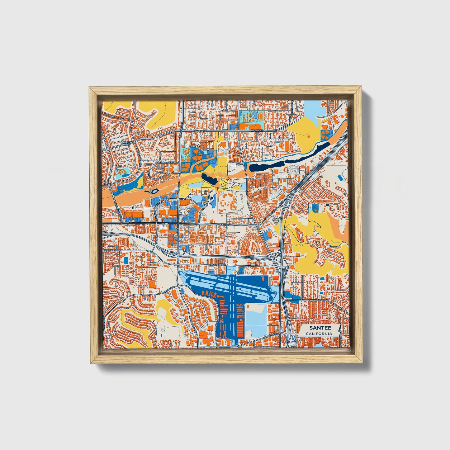 Santee California Colorful City Map Canvas Print • Natural Wooden Framed