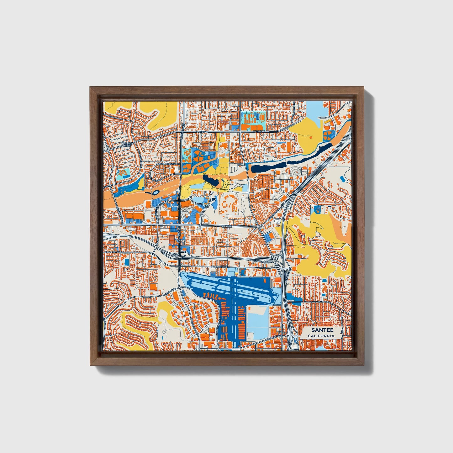 Santee California Colorful City Map Canvas Print • Dark Wooden Framed