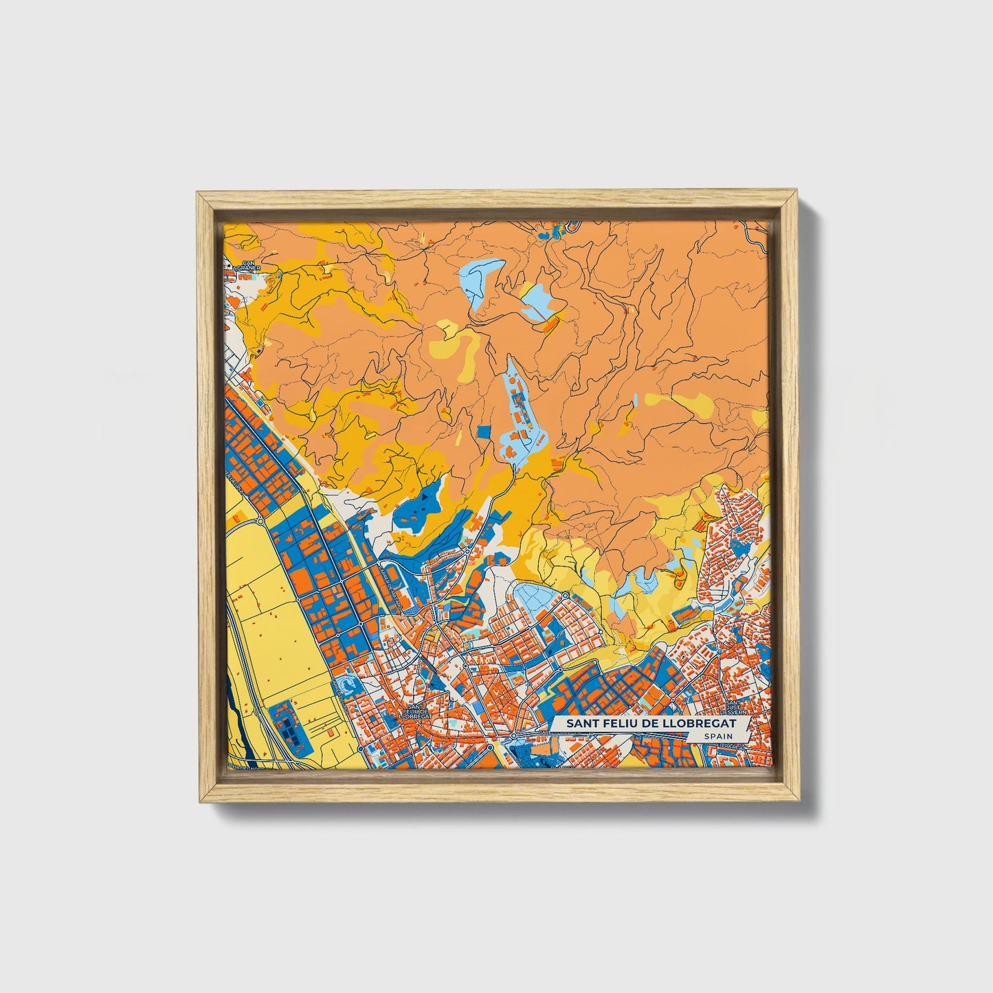 Sant Feliu De Llobregat Spain Colorful City Map Canvas Print • Natural Wooden Framed