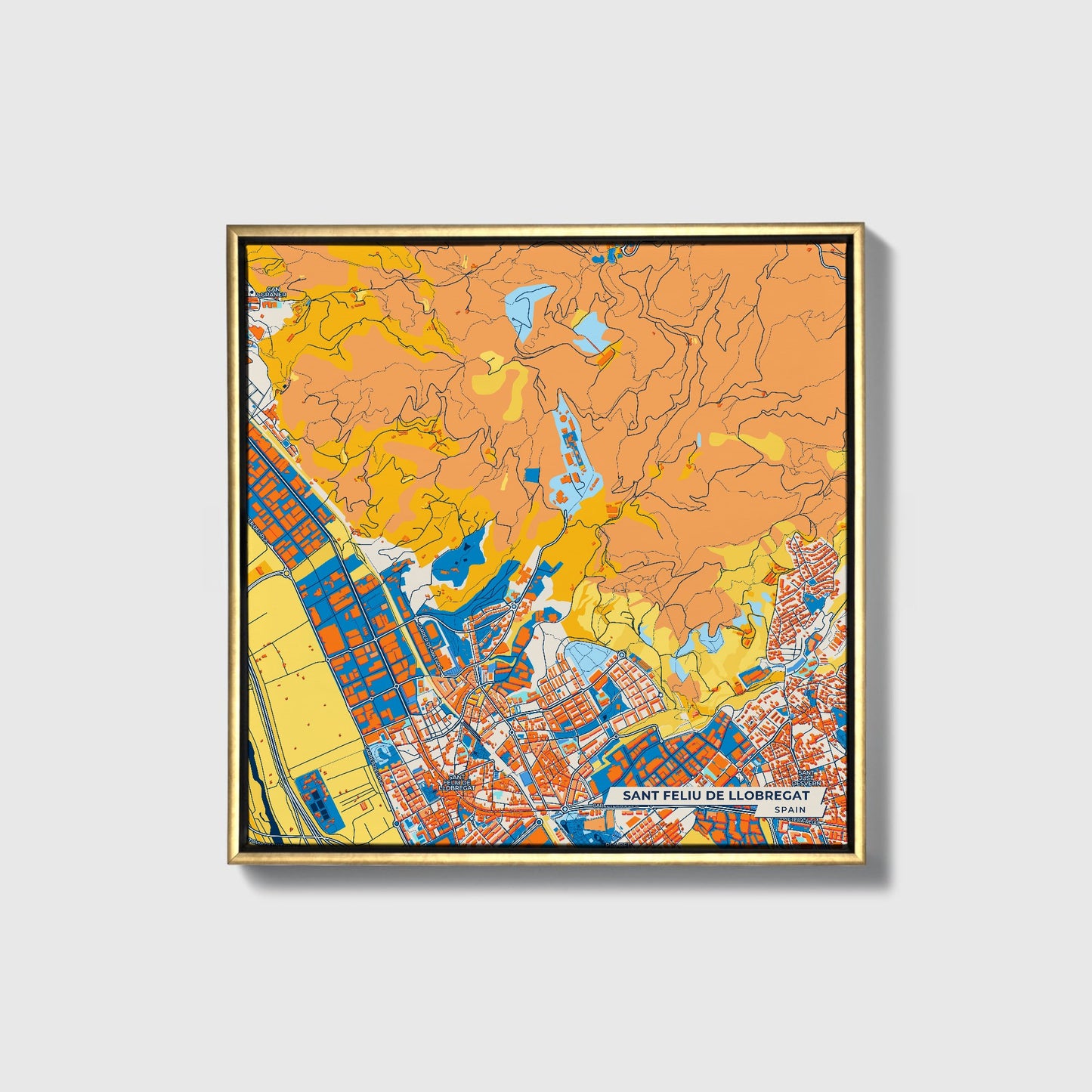 Sant Feliu De Llobregat Spain Colorful City Map Canvas Print • Gold Framed