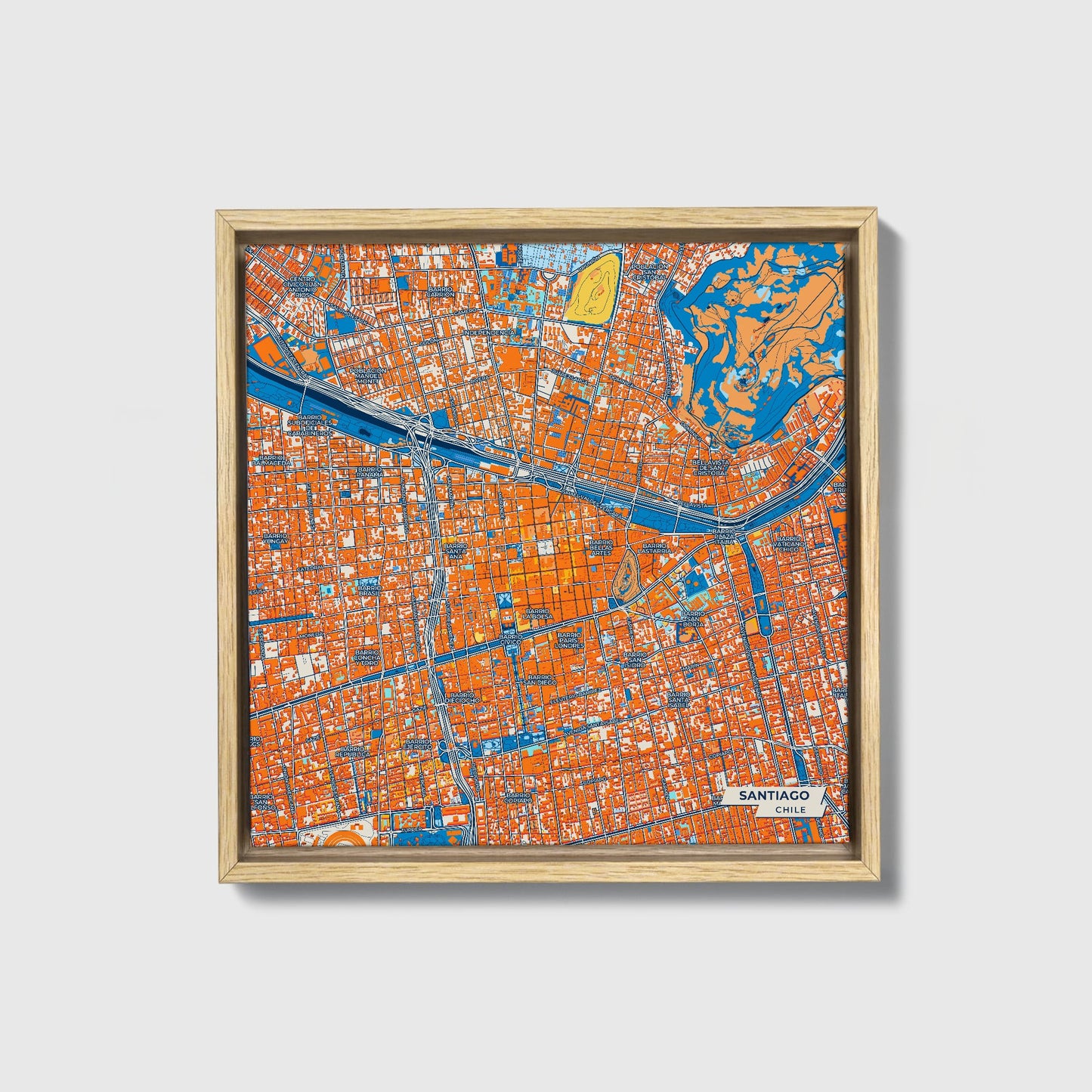 Santiago Chile Colorful City Map Canvas Print • Natural Wooden Framed