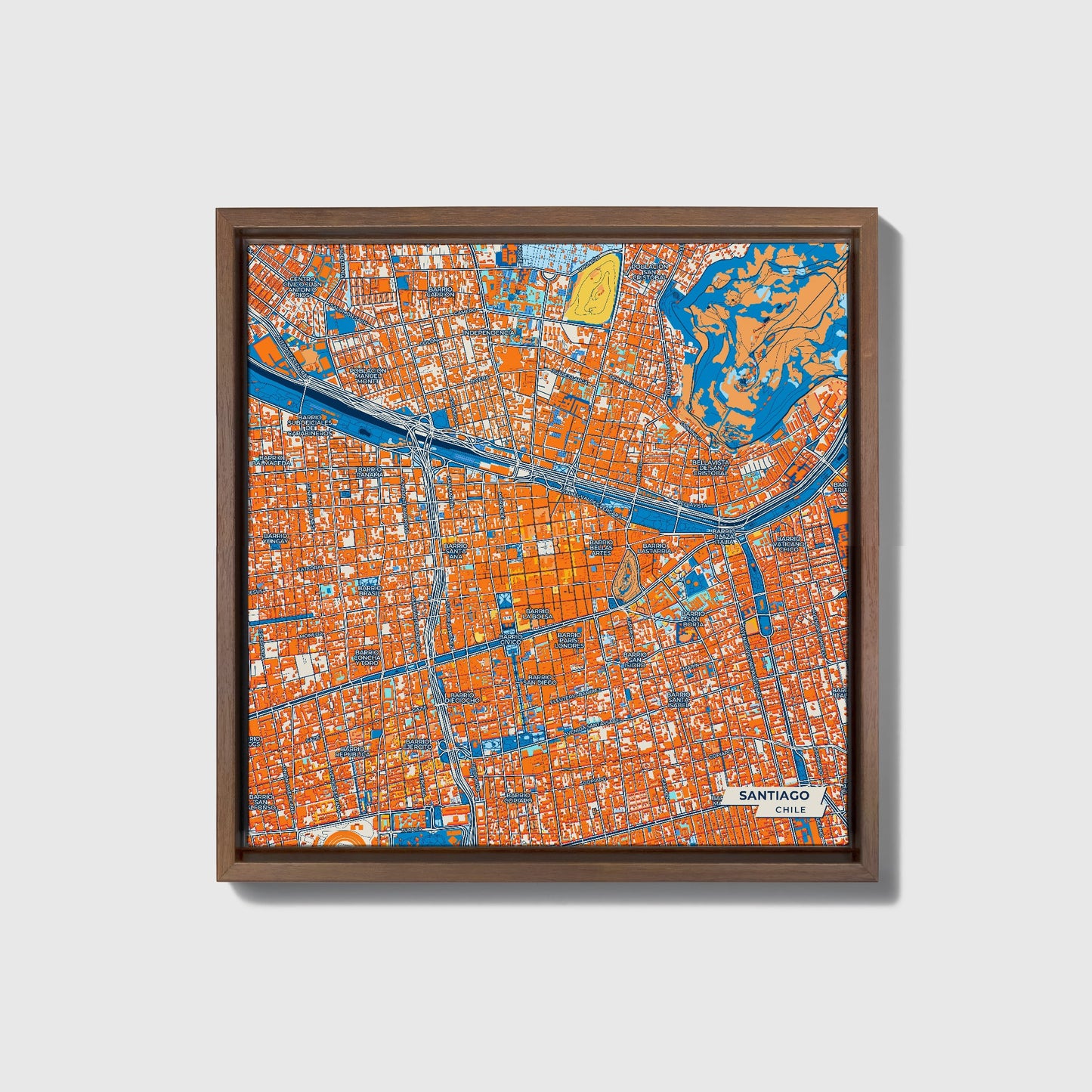 Santiago Chile Colorful City Map Canvas Print • Dark Wooden Framed
