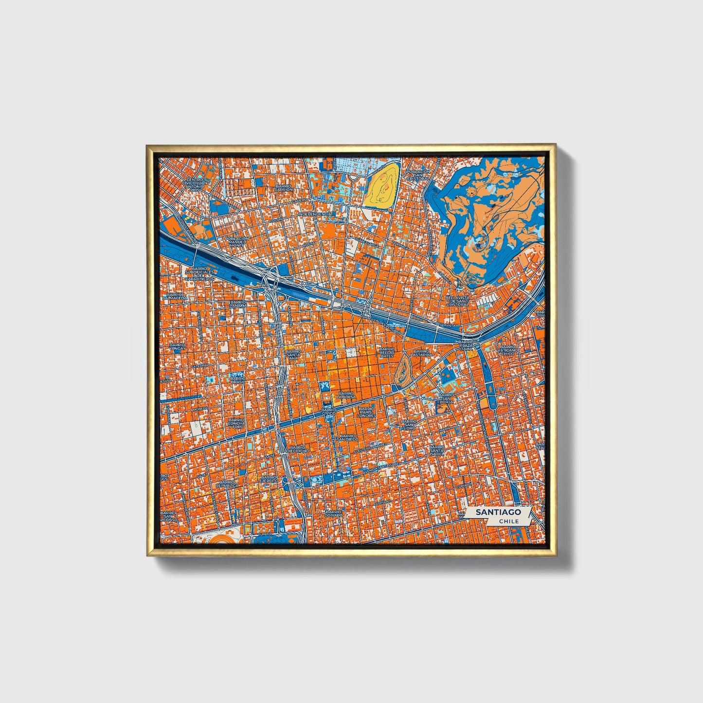 Santiago Chile Colorful City Map Canvas Print • Gold Framed