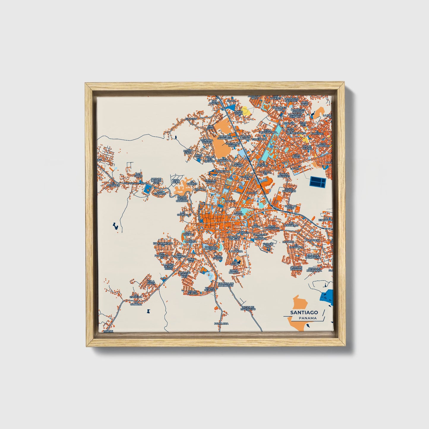 Santiago Panama Colorful City Map Canvas Print • Natural Wooden Framed
