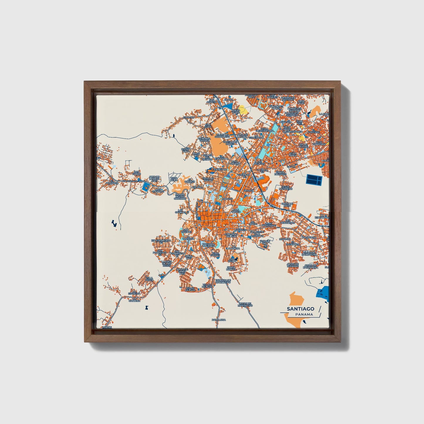 Santiago Panama Colorful City Map Canvas Print • Dark Wooden Framed