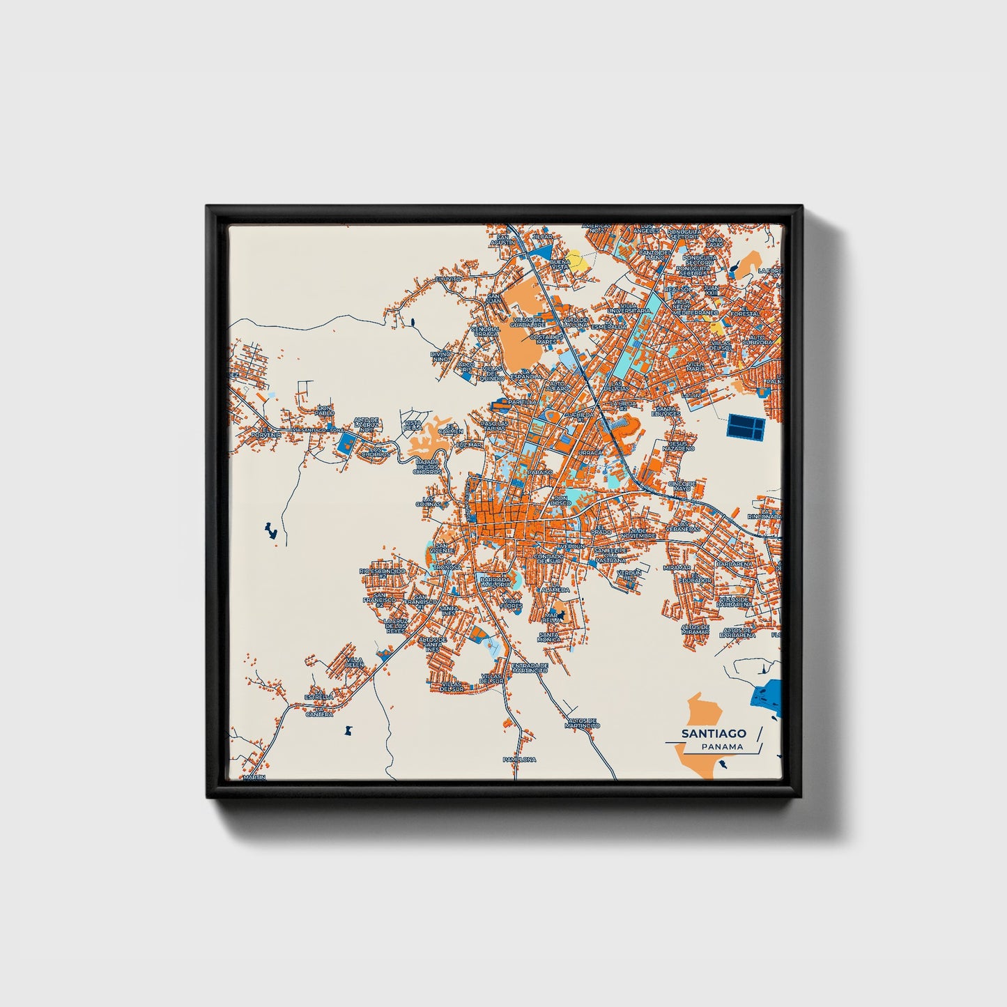 Santiago Panama Colorful City Map Canvas Print • Black Framed