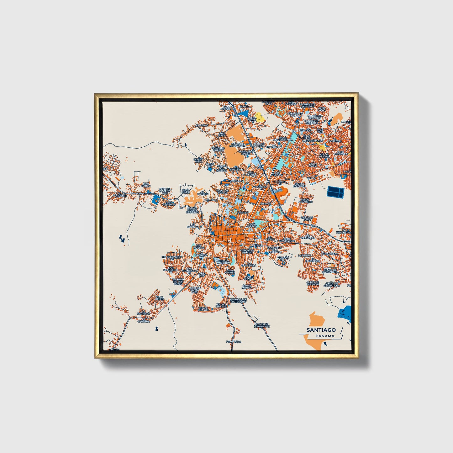 Santiago Panama Colorful City Map Canvas Print • Gold Framed
