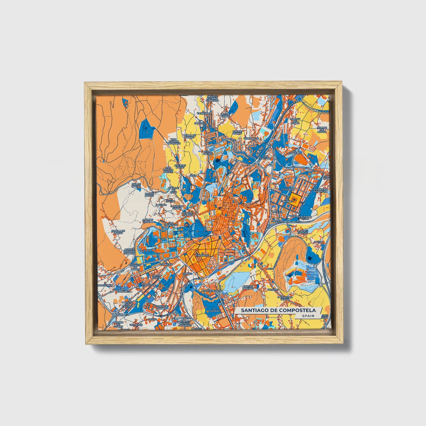 Santiago De Compostela Spain Colorful City Map Canvas Print • Natural Wooden Framed