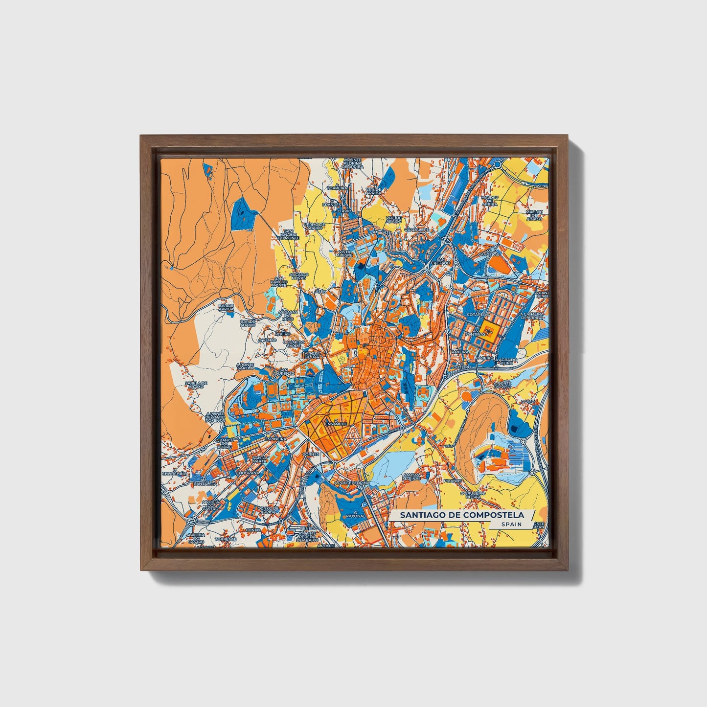Santiago De Compostela Spain Colorful City Map Canvas Print • Dark Wooden Framed