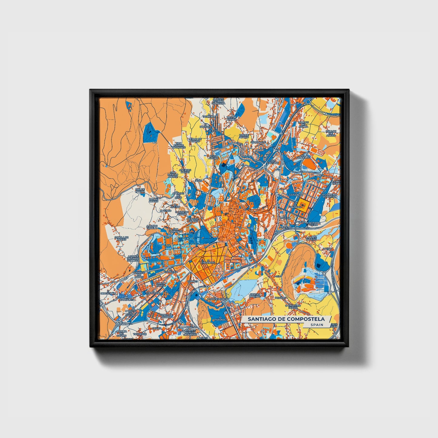 Santiago De Compostela Spain Colorful City Map Canvas Print • Black Framed