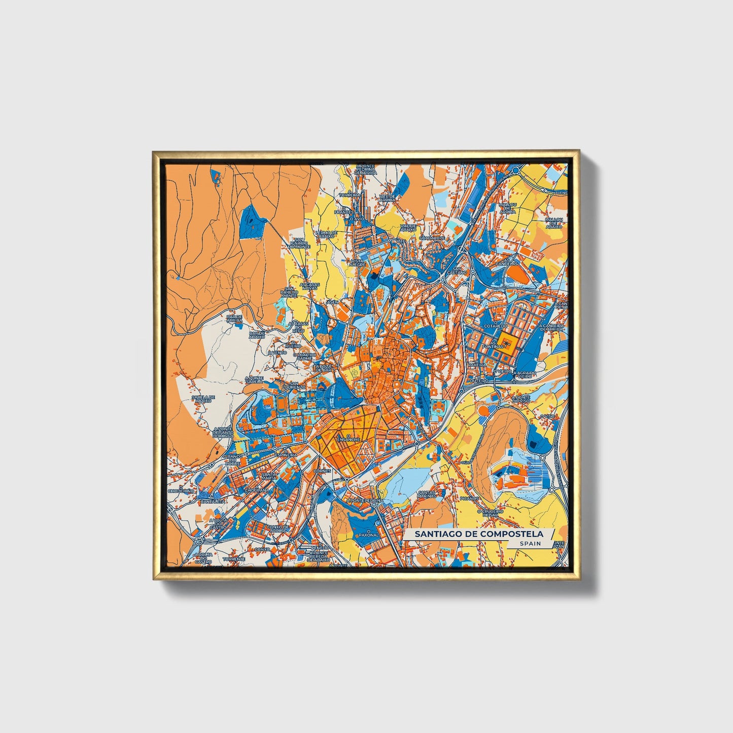 Santiago De Compostela Spain Colorful City Map Canvas Print • Gold Framed