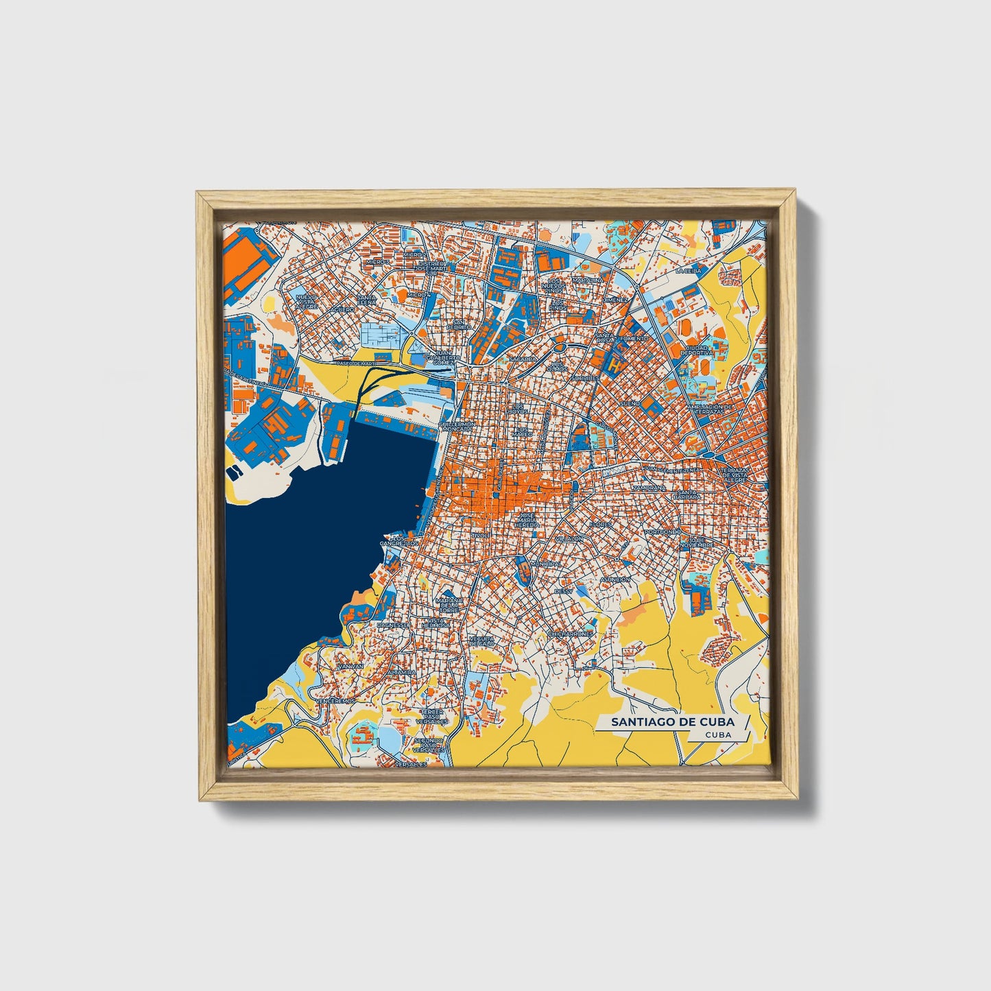 Santiago De Cuba Cuba Colorful City Map Canvas Print • Natural Wooden Framed