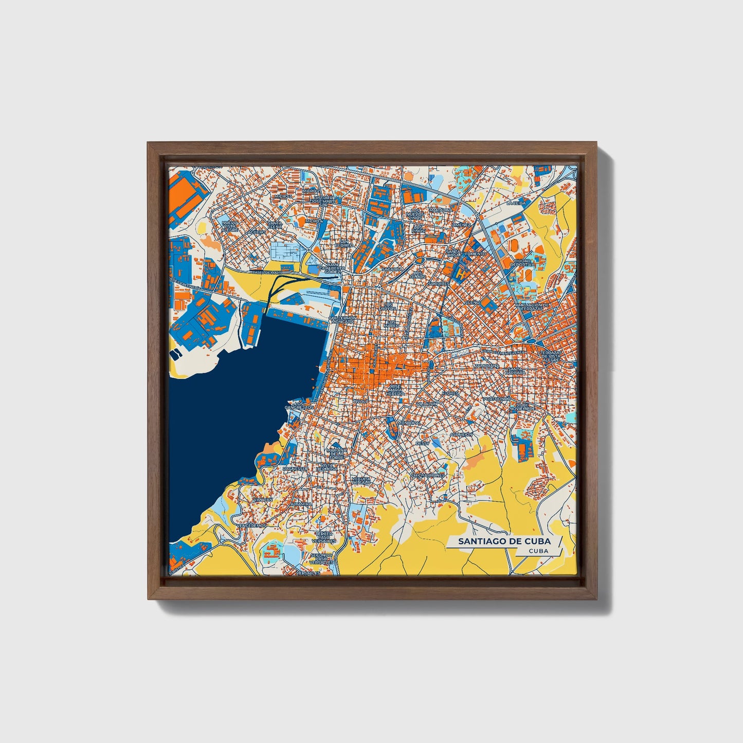 Santiago De Cuba Cuba Colorful City Map Canvas Print • Dark Wooden Framed
