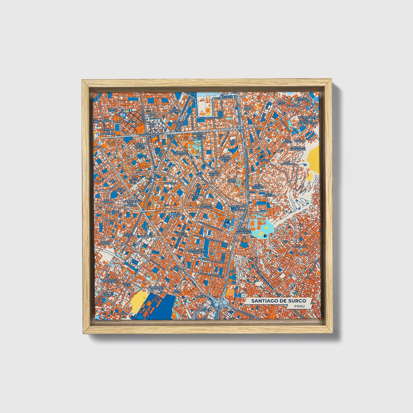 Santiago De Surco Peru Colorful City Map Canvas Print • Natural Wooden Framed