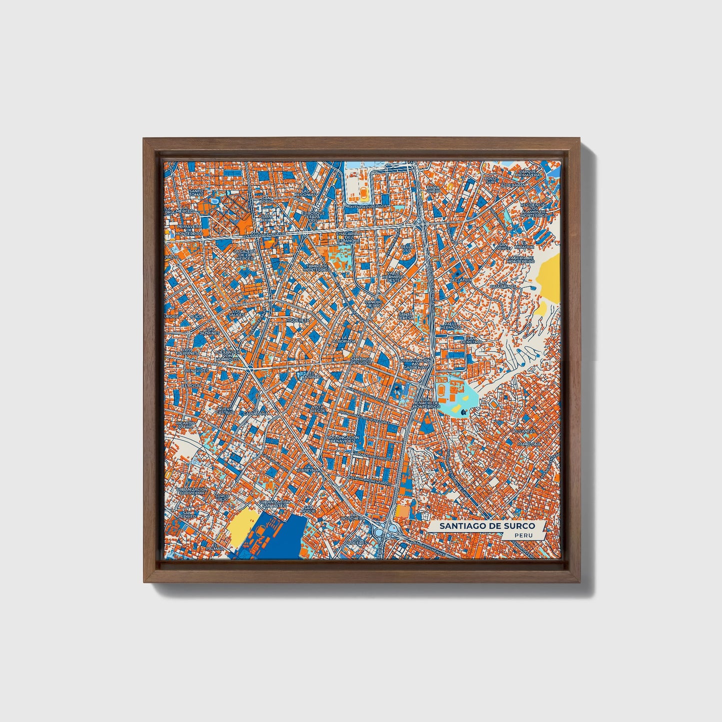 Santiago De Surco Peru Colorful City Map Canvas Print • Dark Wooden Framed