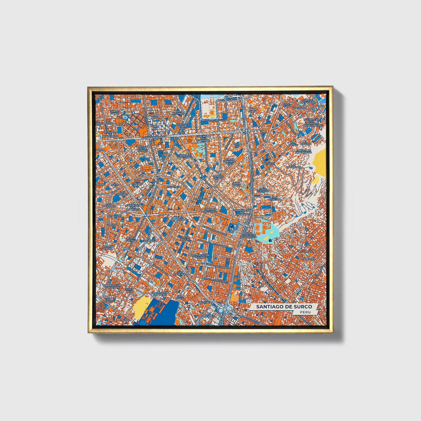 Santiago De Surco Peru Colorful City Map Canvas Print • Gold Framed