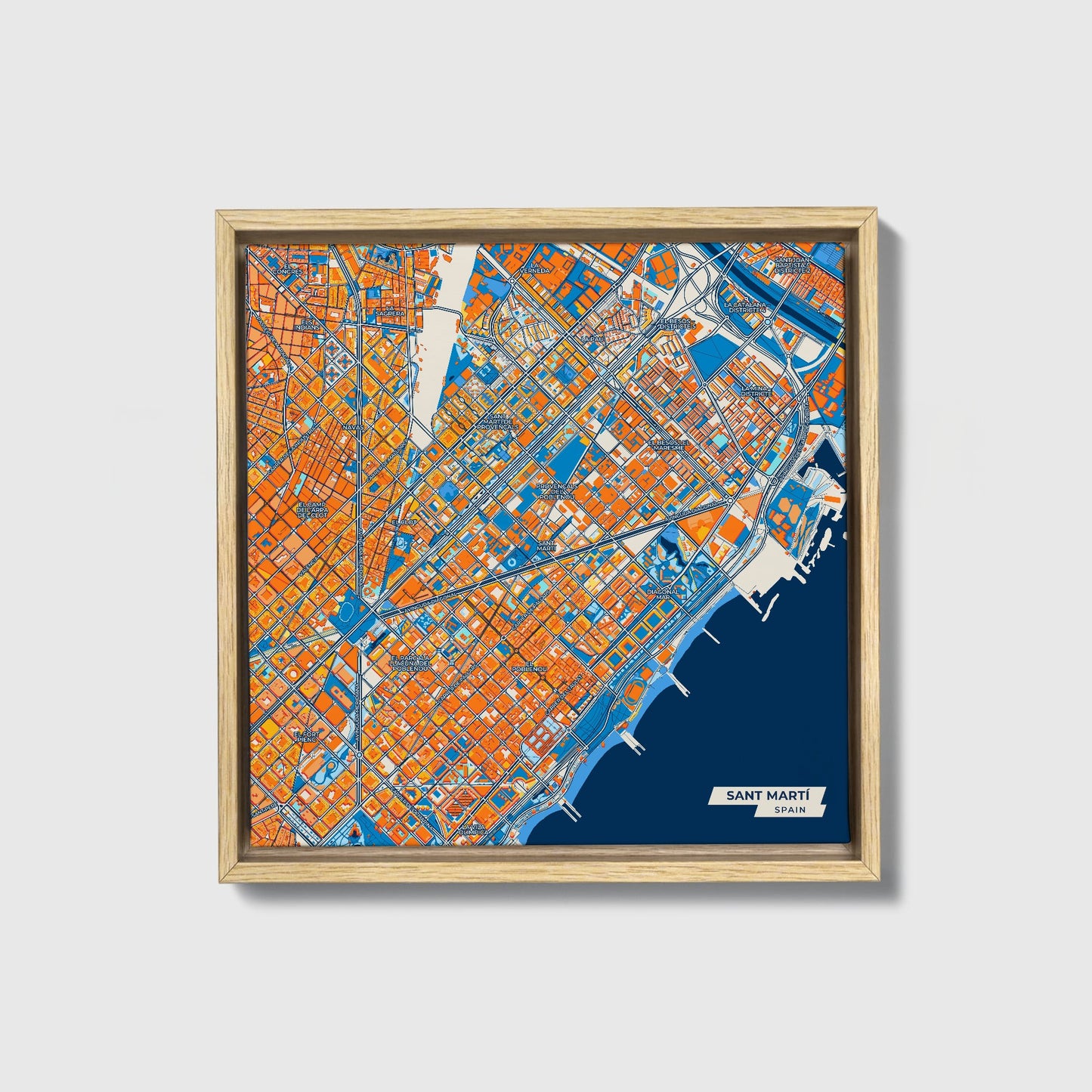 Sant Martí Spain Colorful City Map Canvas Print • Natural Wooden Framed