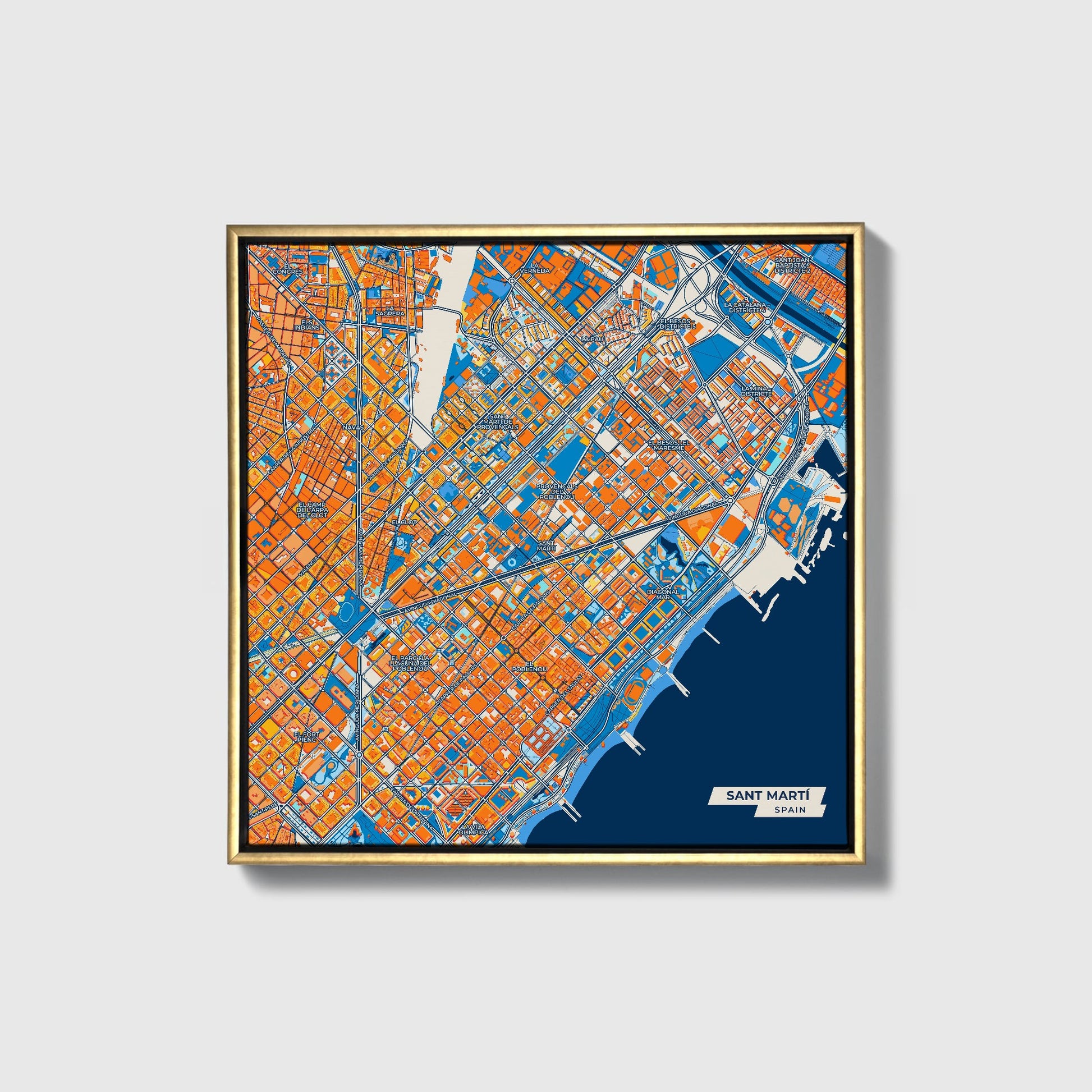 Sant Martí Spain Colorful City Map Canvas Print • Gold Framed