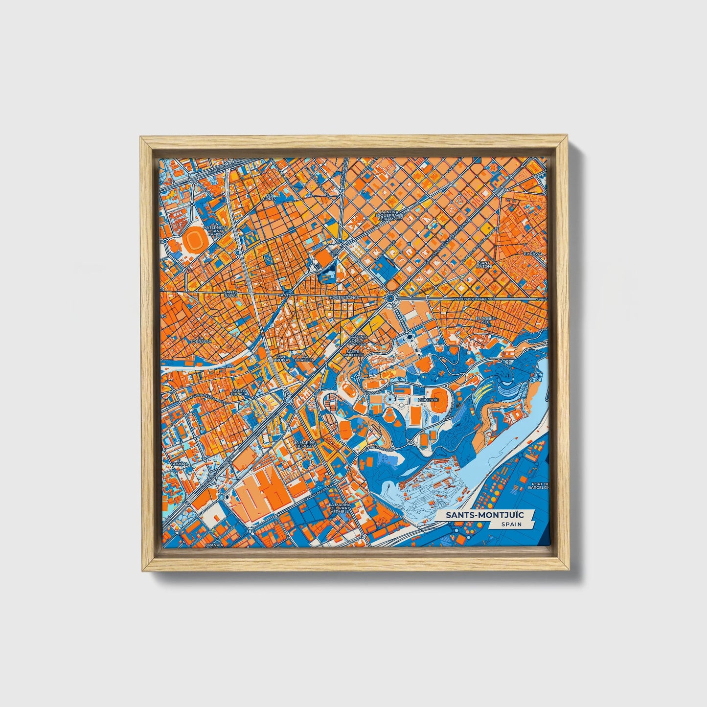 Sants-Montjuïc Spain Colorful City Map Canvas Print • Natural Wooden Framed