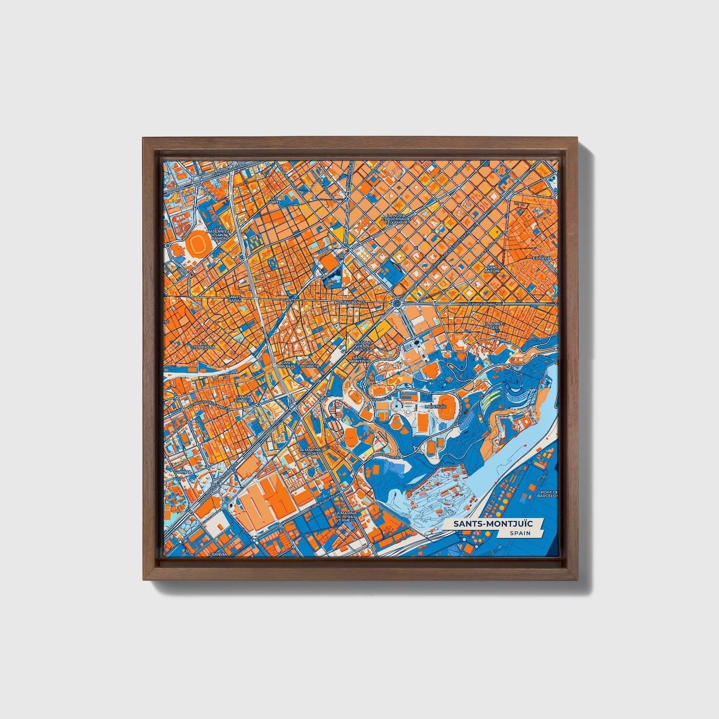 Sants-Montjuïc Spain Colorful City Map Canvas Print • Dark Wooden Framed