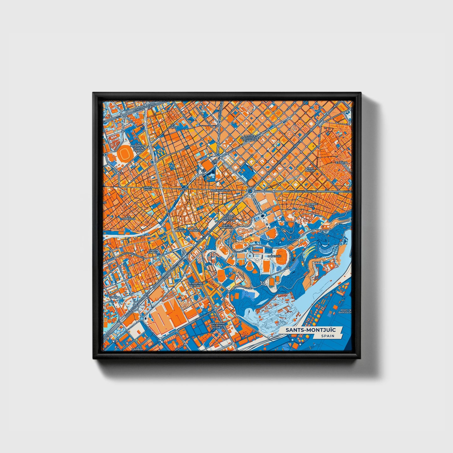 Sants-Montjuïc Spain Colorful City Map Canvas Print • Black Framed