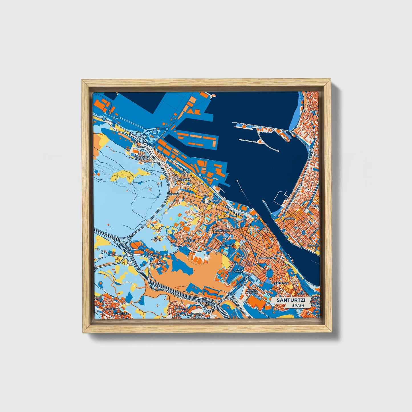 Santurtzi Spain Colorful City Map Canvas Print • Natural Wooden Framed