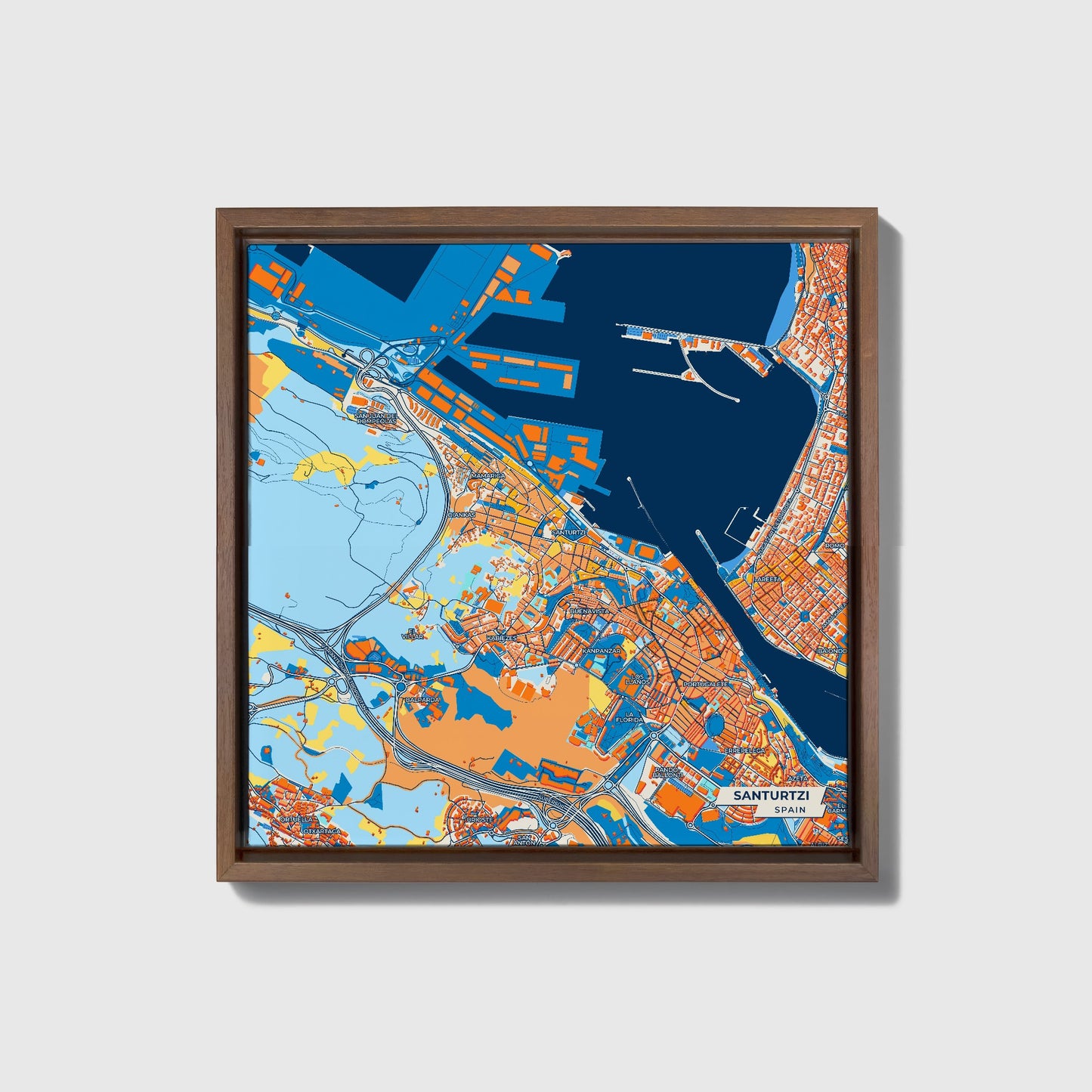 Santurtzi Spain Colorful City Map Canvas Print • Dark Wooden Framed
