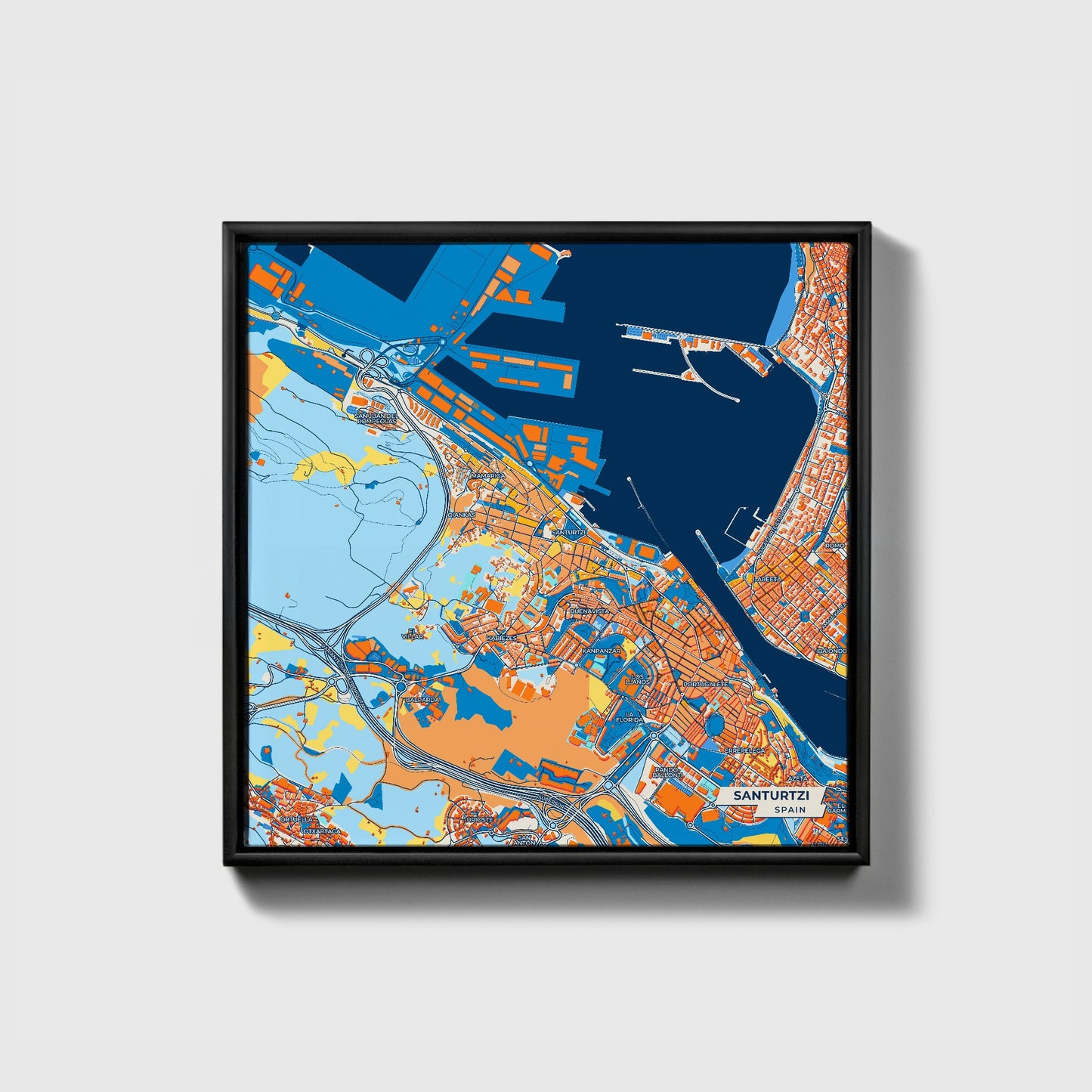 Santurtzi Spain Colorful City Map Canvas Print • Black Framed