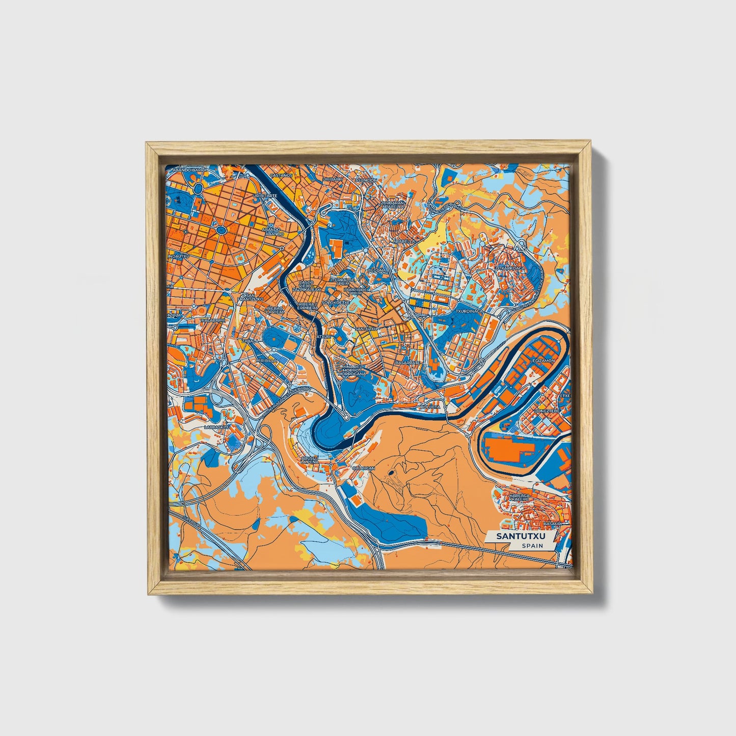 Santutxu Spain Colorful City Map Canvas Print • Natural Wooden Framed