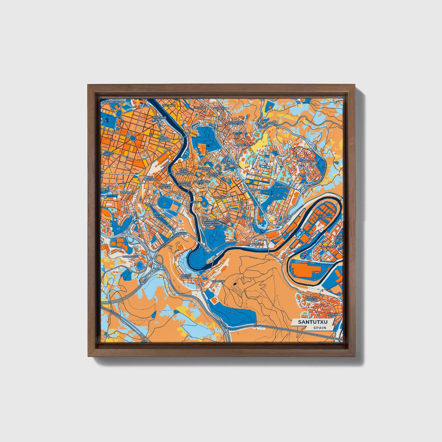 Santutxu Spain Colorful City Map Canvas Print • Dark Wooden Framed