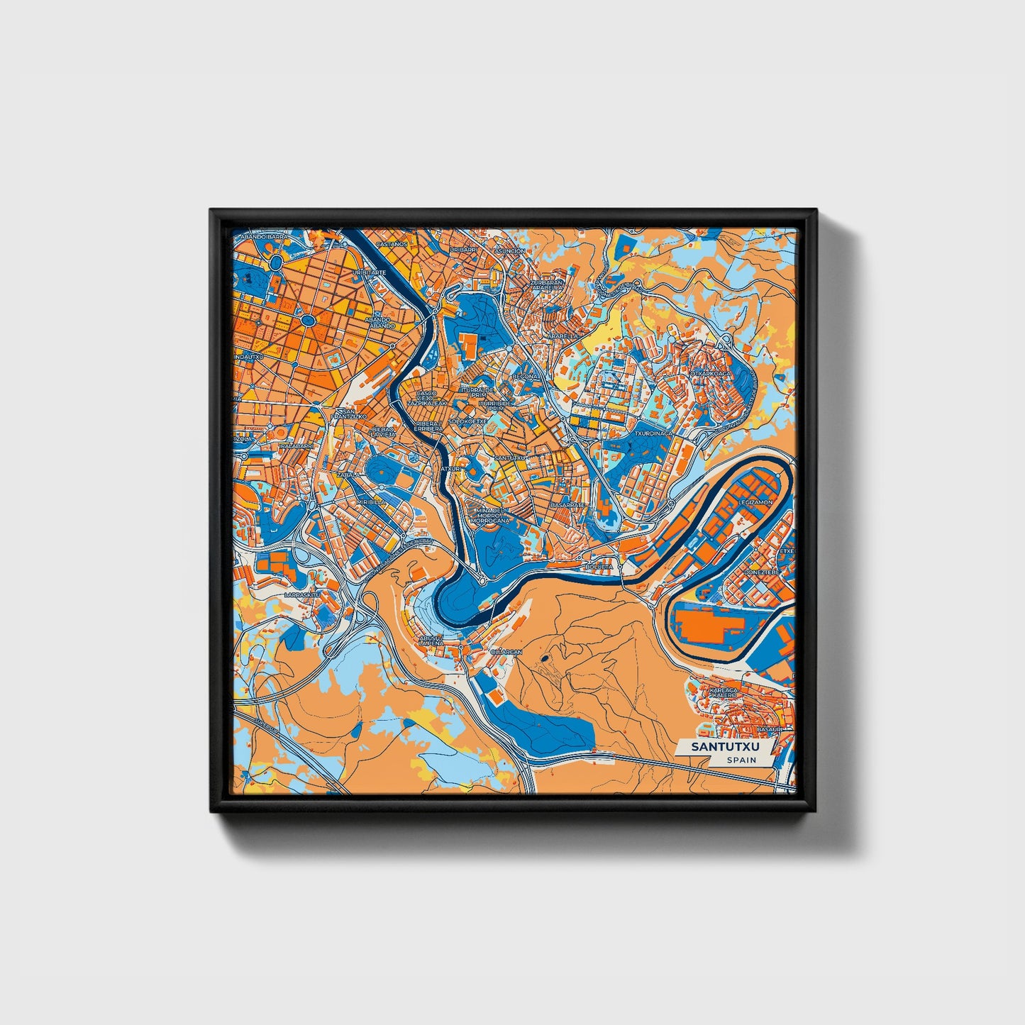 Santutxu Spain Colorful City Map Canvas Print • Black Framed