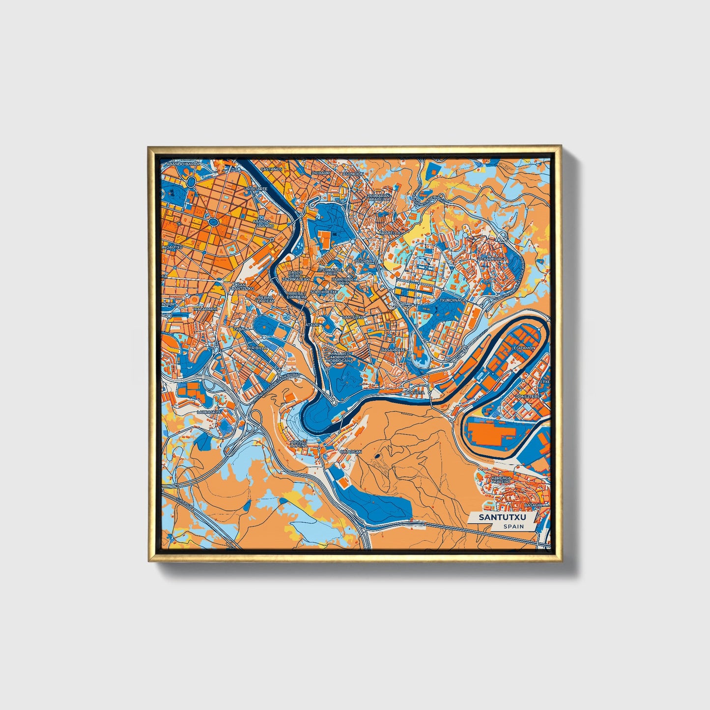 Santutxu Spain Colorful City Map Canvas Print • Gold Framed