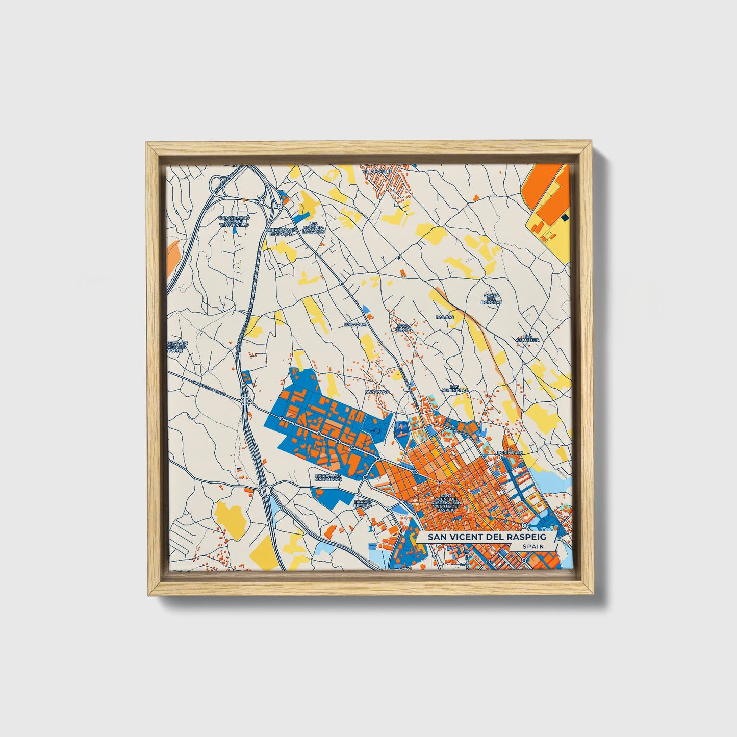 San Vicent Del Raspeig Spain Colorful City Map Canvas Print • Natural Wooden Framed