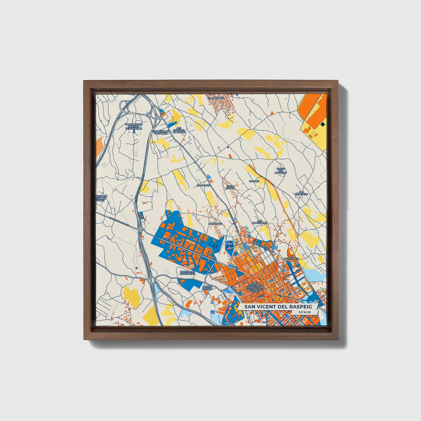 San Vicent Del Raspeig Spain Colorful City Map Canvas Print • Dark Wooden Framed
