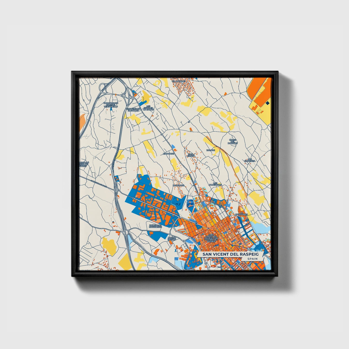 San Vicent Del Raspeig Spain Colorful City Map Canvas Print • Black Framed