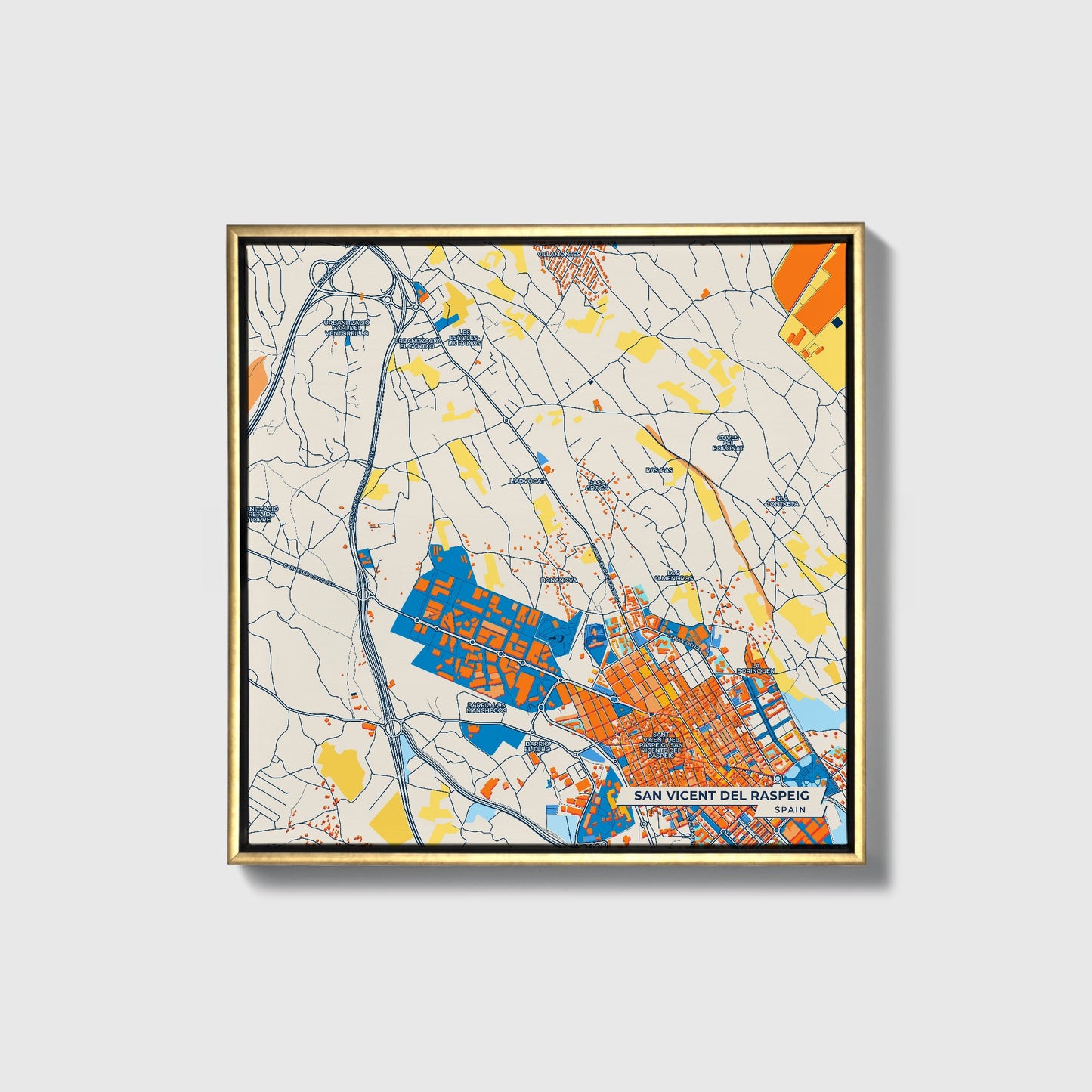 San Vicent Del Raspeig Spain Colorful City Map Canvas Print • Gold Framed