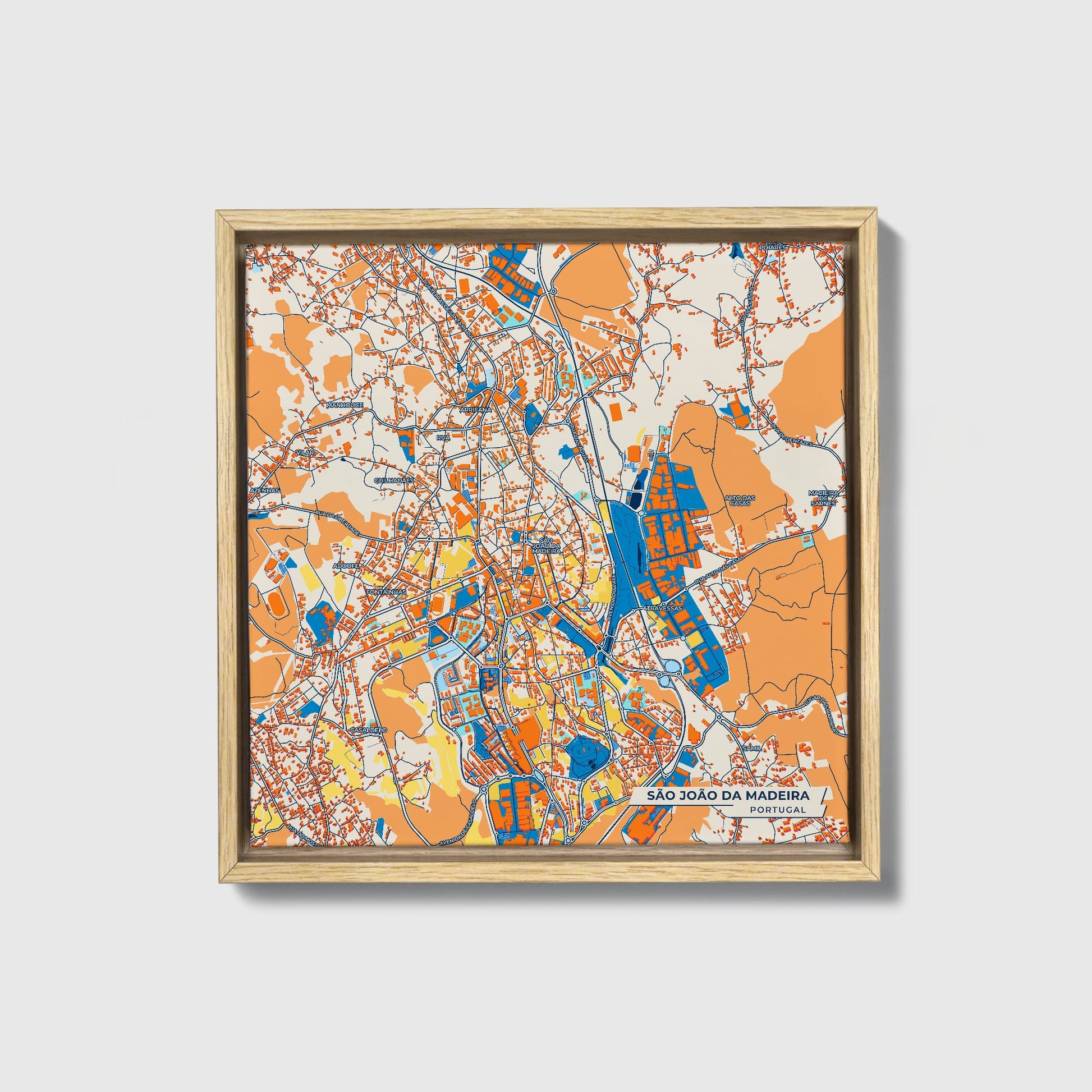 São João Da Madeira Portugal Colorful City Map Canvas Print • Natural Wooden Framed