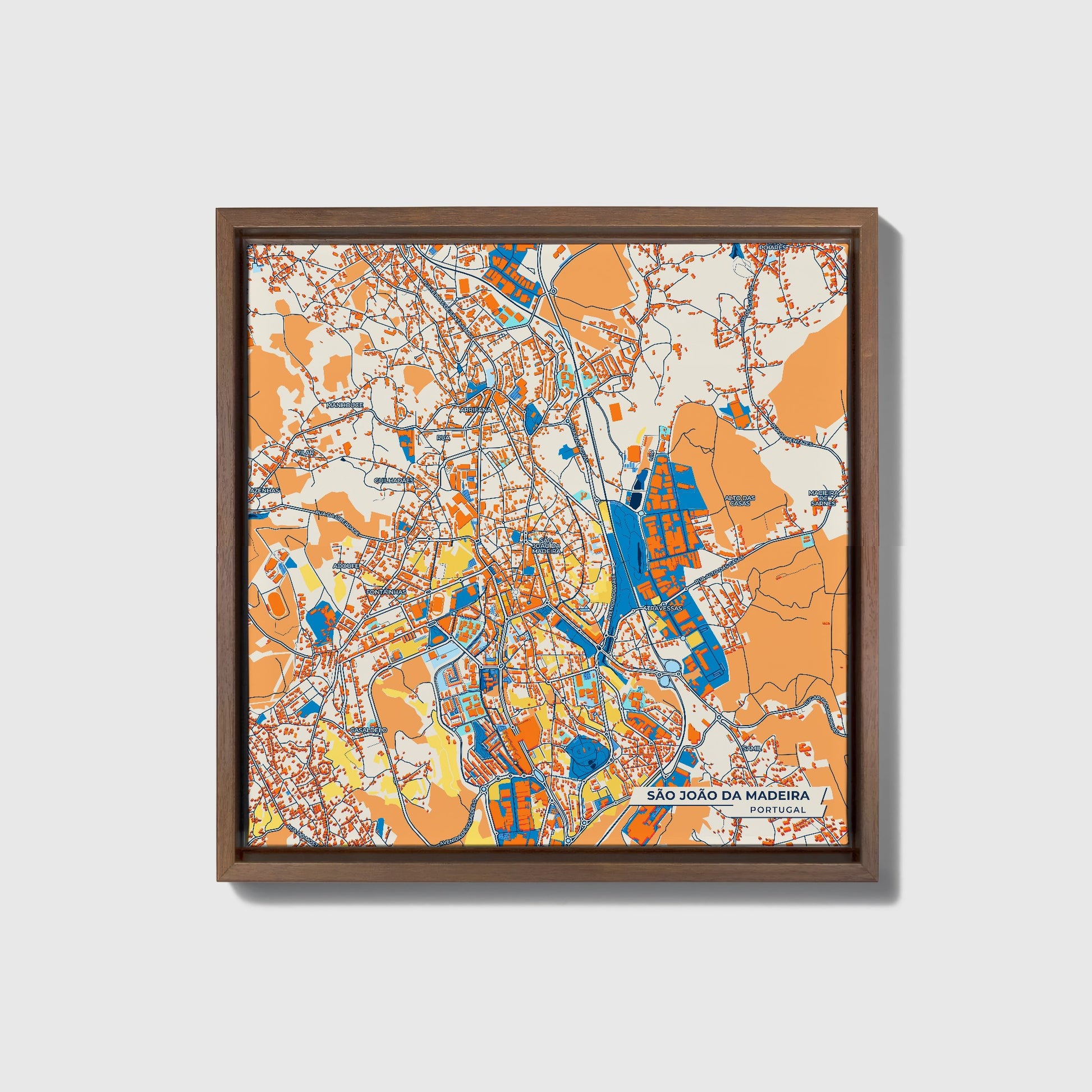 São João Da Madeira Portugal Colorful City Map Canvas Print • Dark Wooden Framed