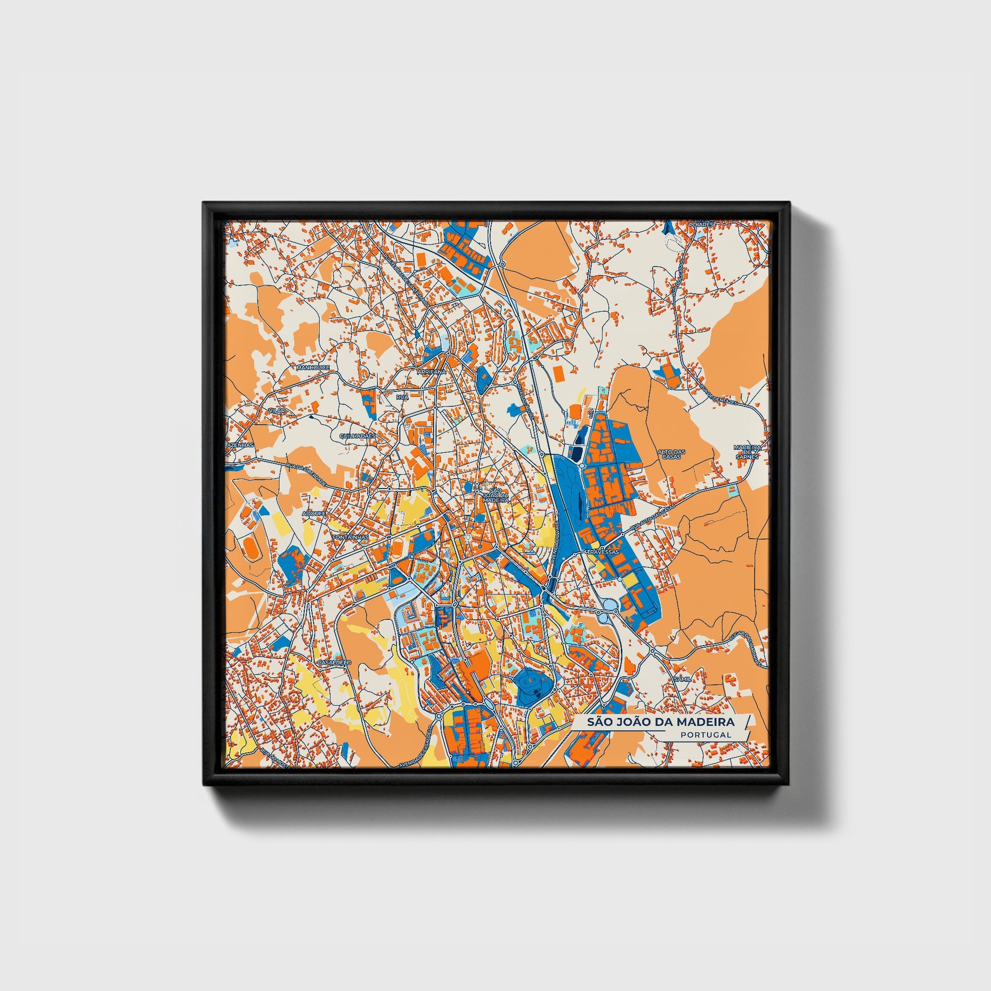 São João Da Madeira Portugal Colorful City Map Canvas Print • Black Framed