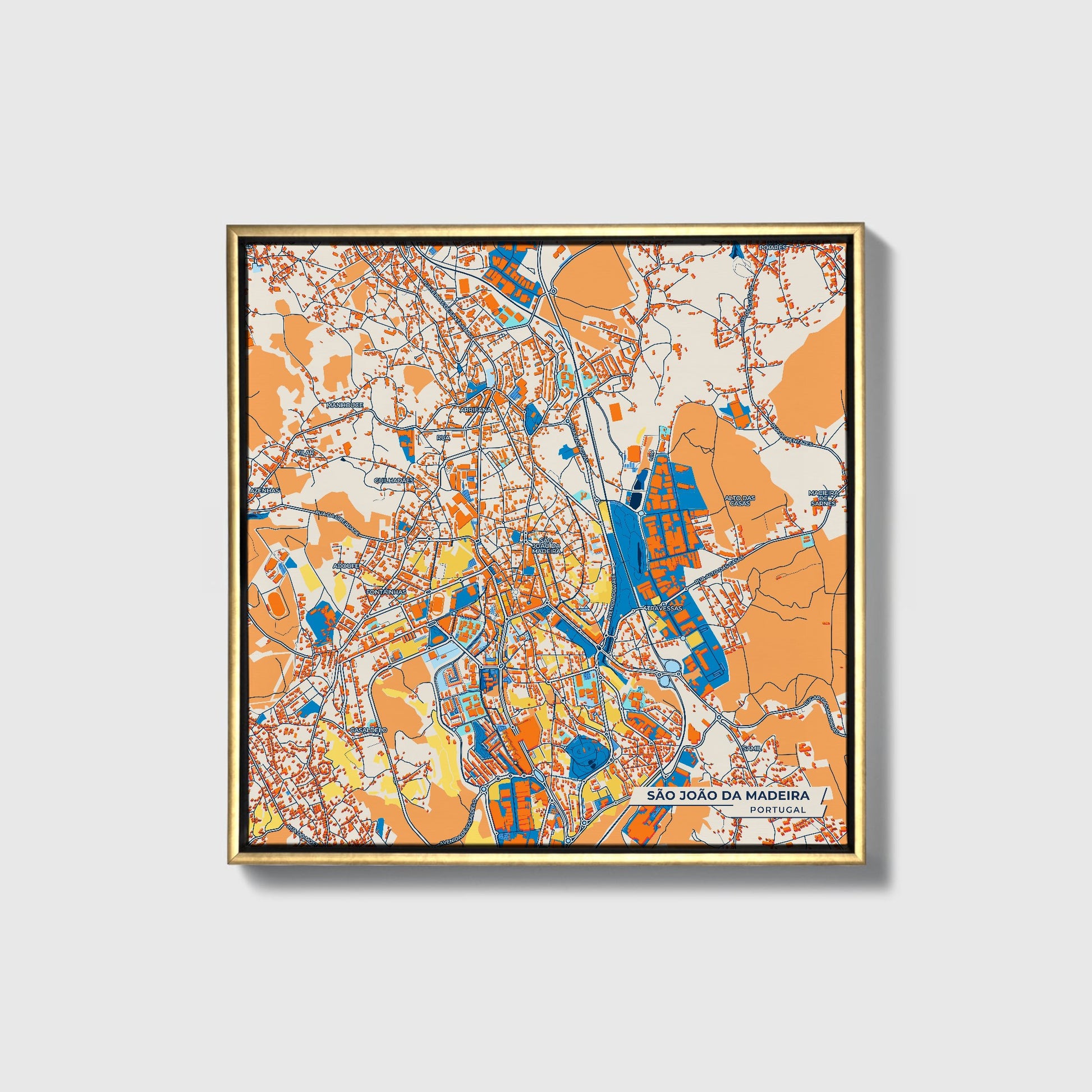 São João Da Madeira Portugal Colorful City Map Canvas Print • Gold Framed
