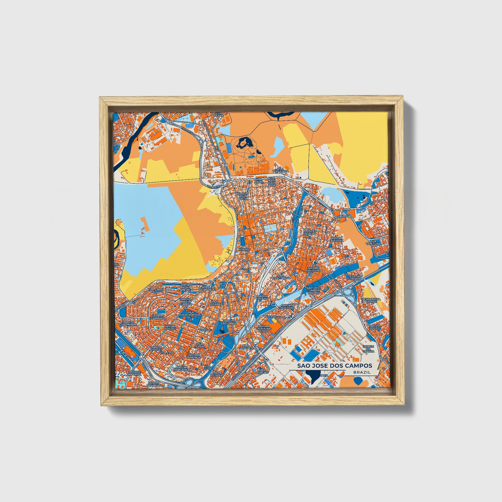 Sao Jose Dos Campos Brazil Colorful City Map Canvas Print • Natural Wooden Framed