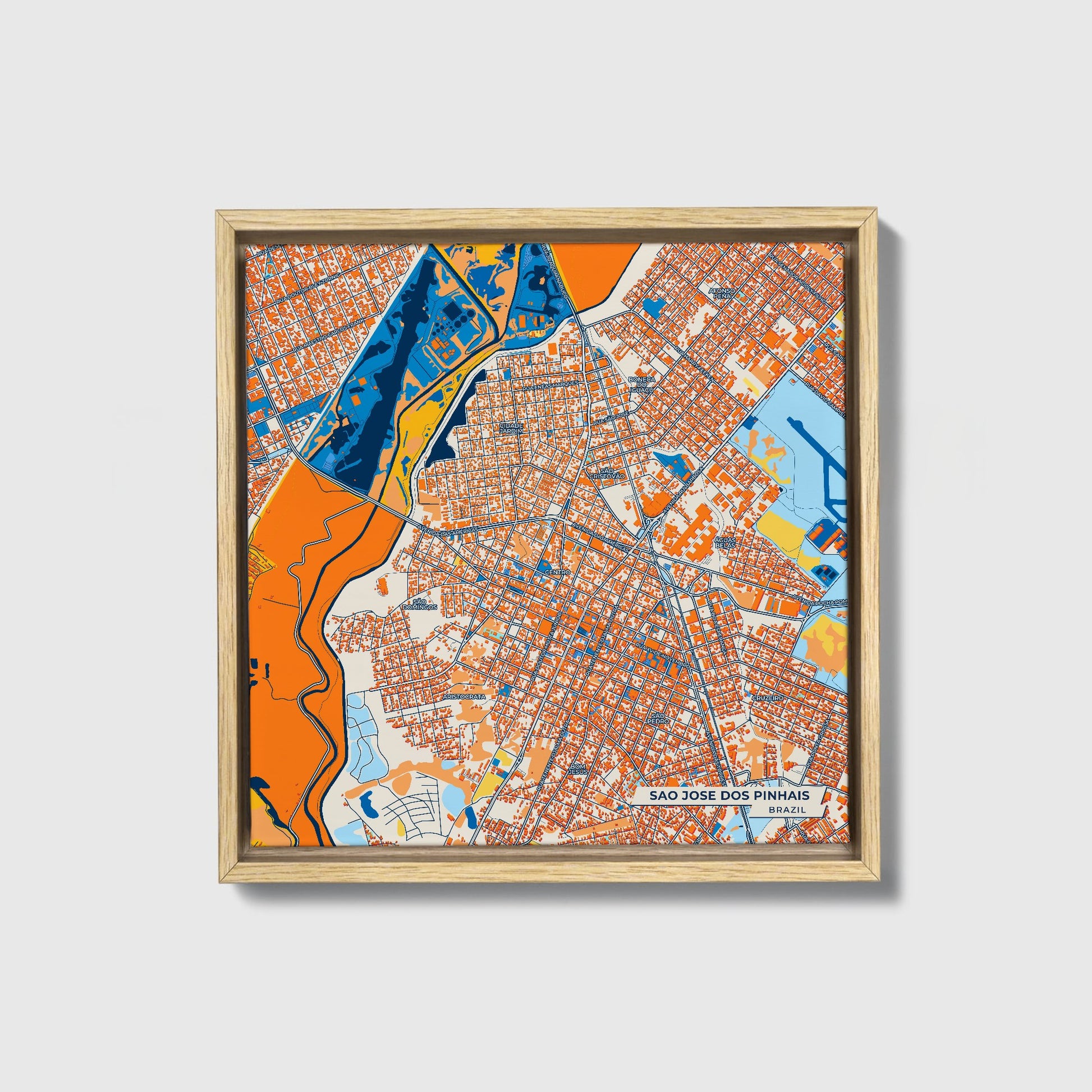 Sao Jose Dos Pinhais Brazil Colorful City Map Canvas Print • Natural Wooden Framed