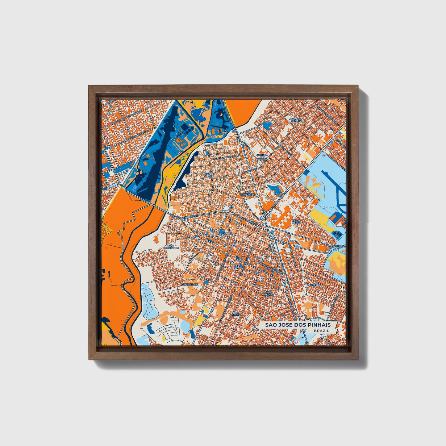 Sao Jose Dos Pinhais Brazil Colorful City Map Canvas Print • Dark Wooden Framed