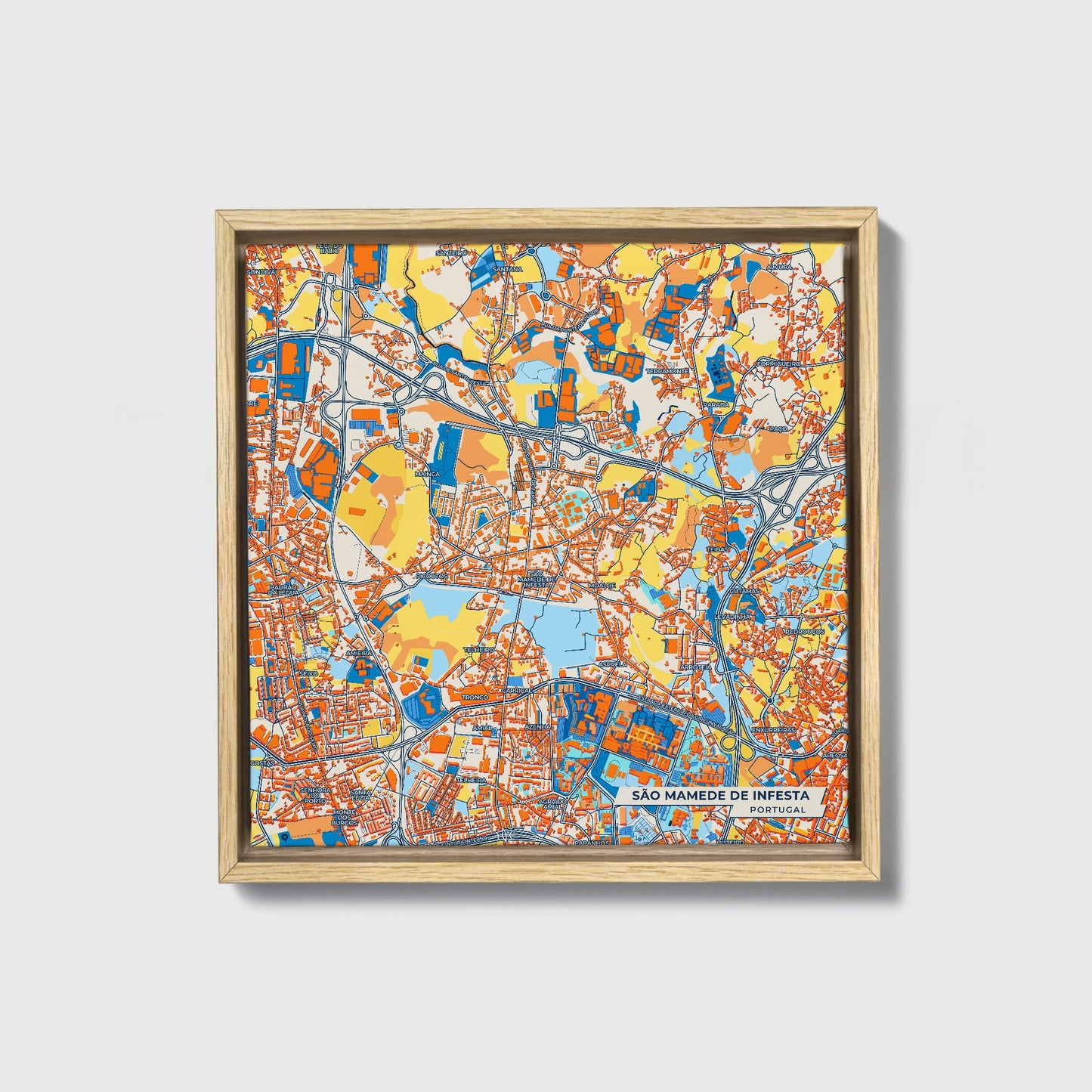 São Mamede De Infesta Portugal Colorful City Map Canvas Print • Natural Wooden Framed